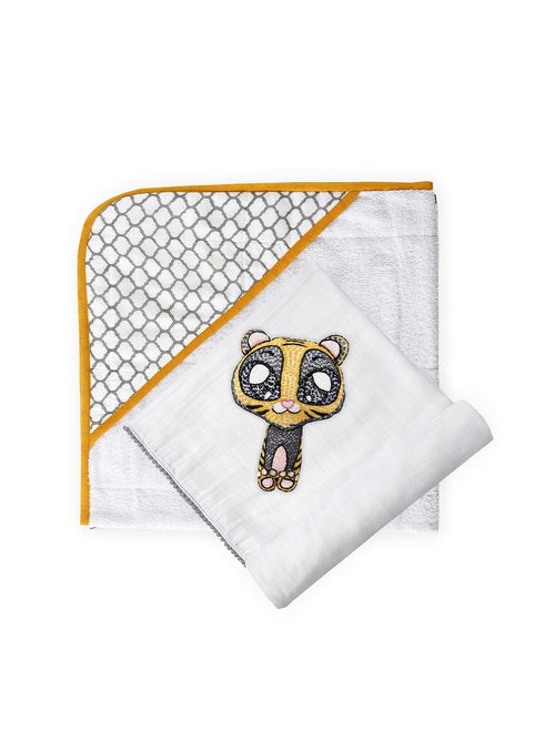 3 Piece Newborn Essential Set - Hooded Towel, Swaddle + Toy Rattle