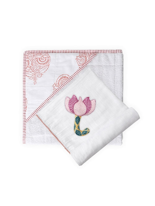3 Piece Newborn Essential Set - Hooded Towel, Swaddle + Toy Rattle