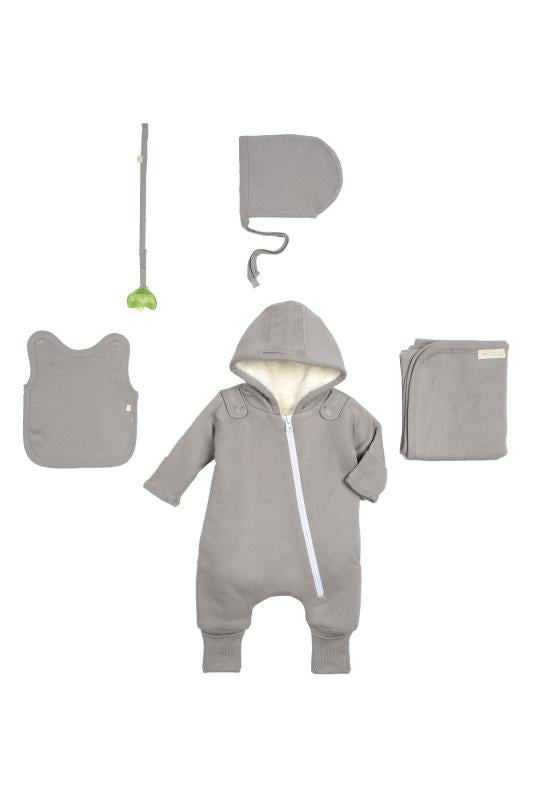 Warm Grey Smart Cute Cuddly Baby Jumpsuit + Bib Gift Set