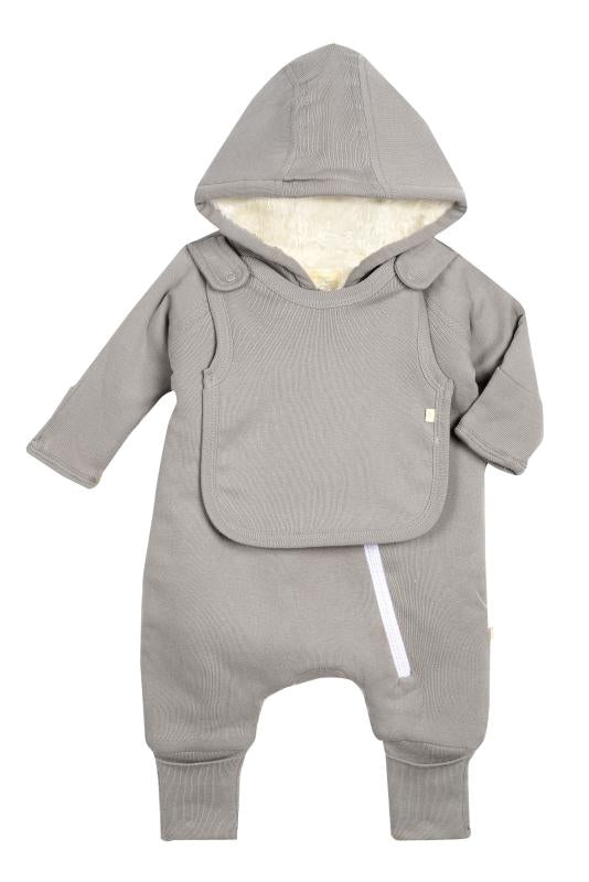 Warm Grey Smart Cute Cuddly Baby Jumpsuit + Bib Gift Set