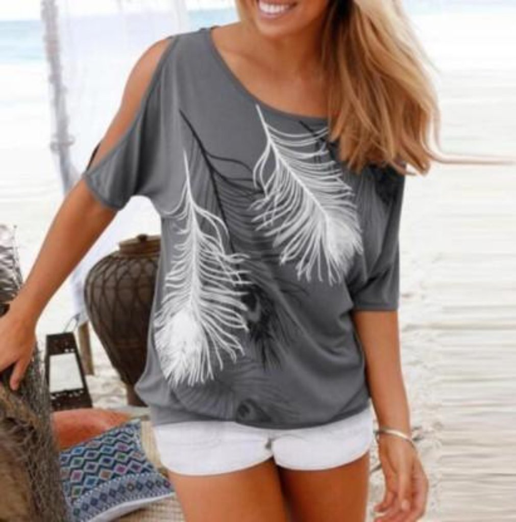 Women's Cut Shoulder Casual T-Shirt with Feather Print