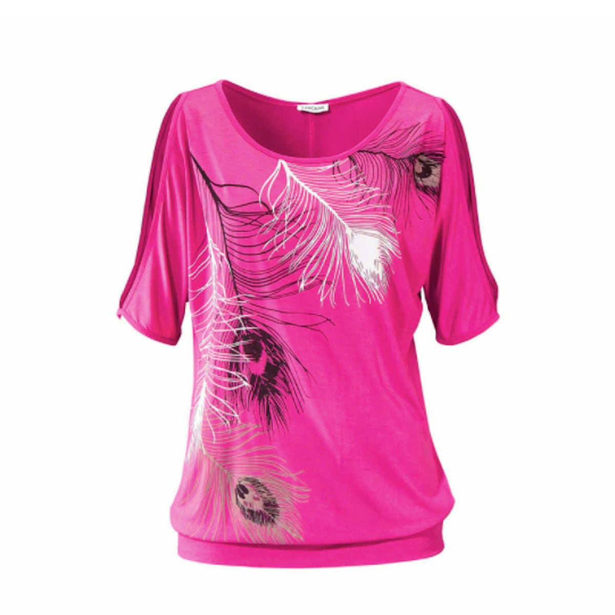 Women's Cut Shoulder Casual T-Shirt with Feather Print