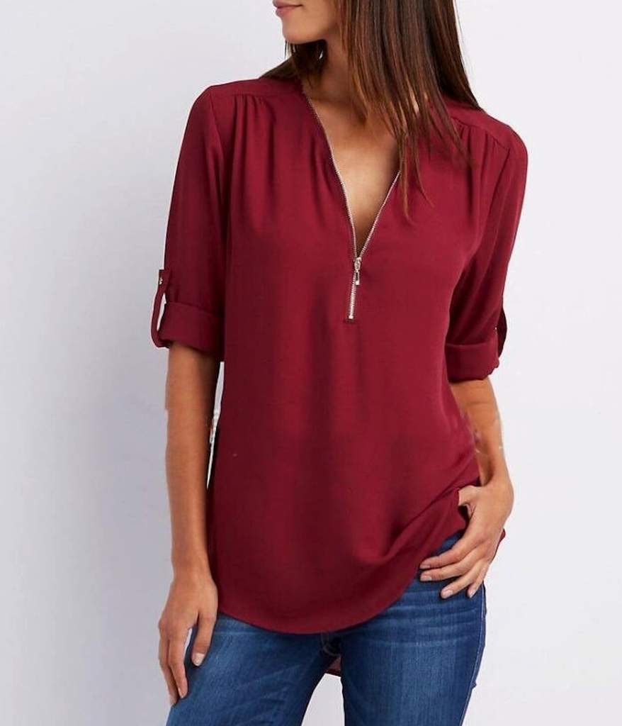 Beautiful Women's Zip V Neck Blouse