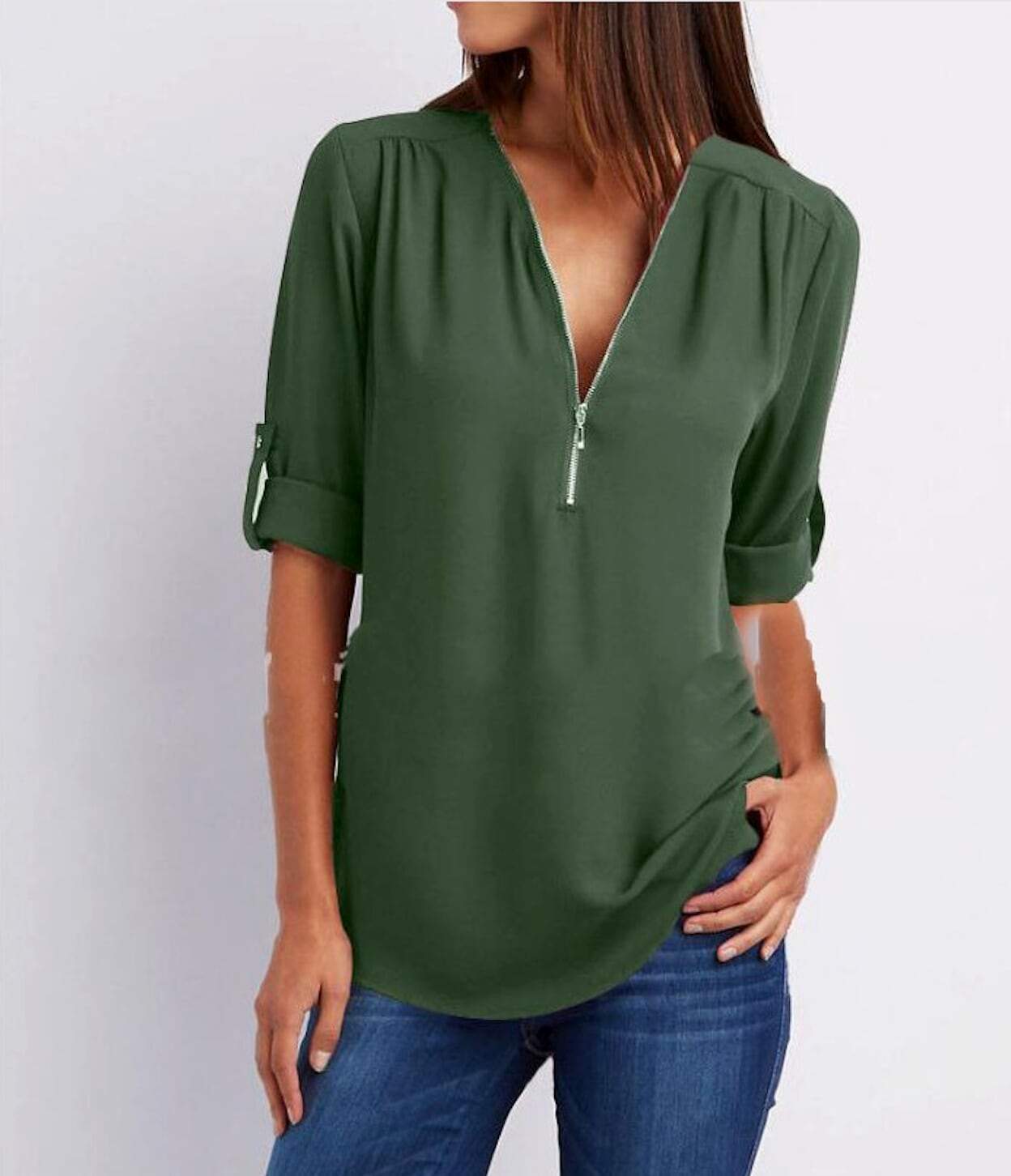 Beautiful Women's Zip V Neck Blouse