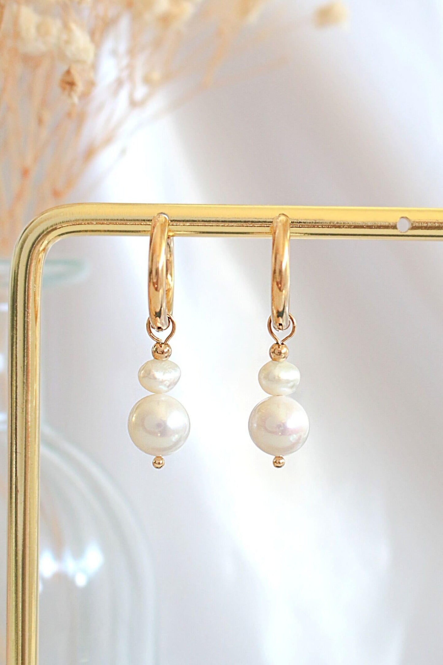 24K Freshwater Pearls Baroque Dangle Hoops Earrings