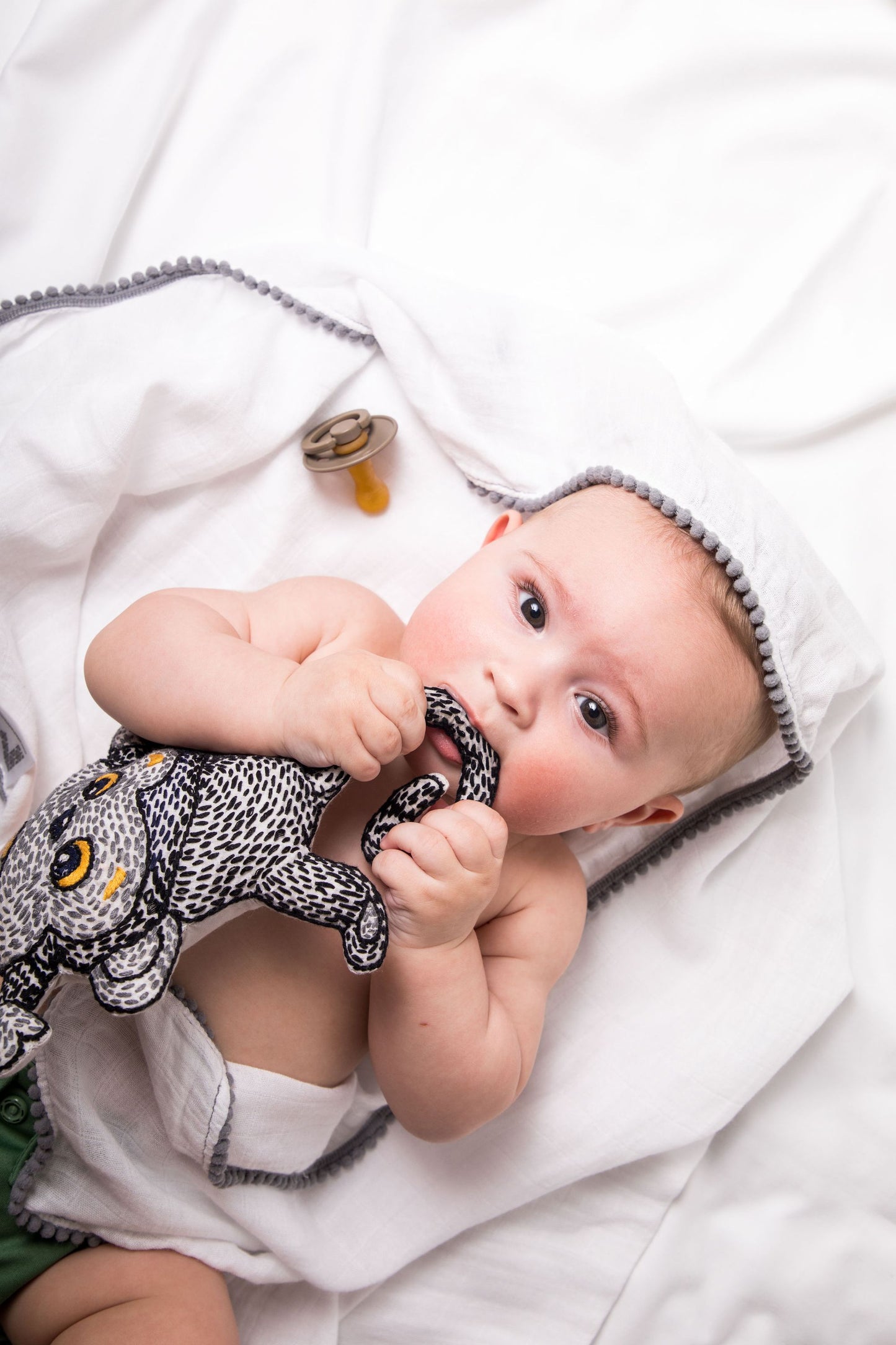 3 Piece Newborn Essential Set - Hooded Towel, Swaddle + Toy Rattle