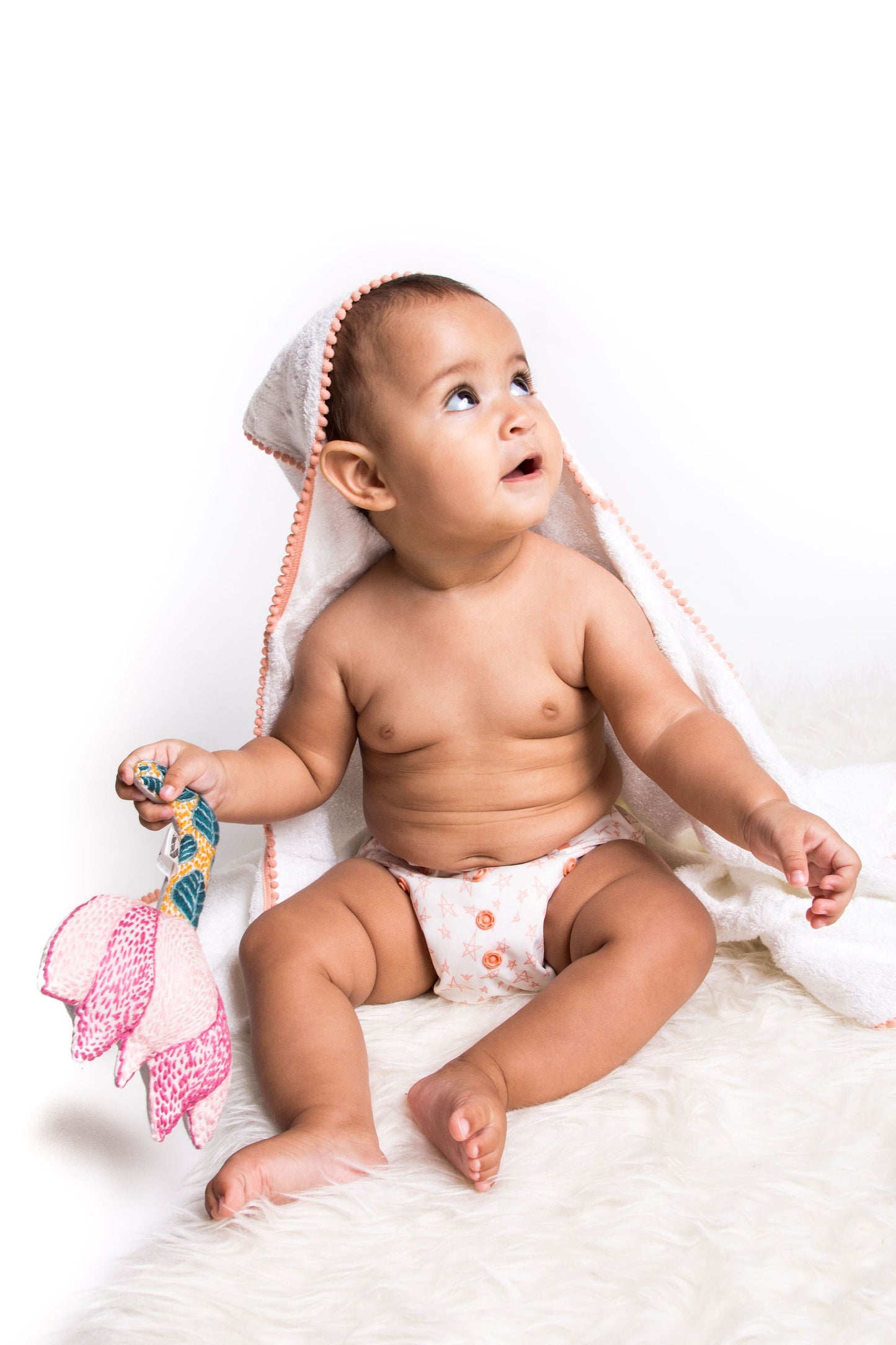 3 Piece Newborn Essential Set - Hooded Towel, Swaddle + Toy Rattle