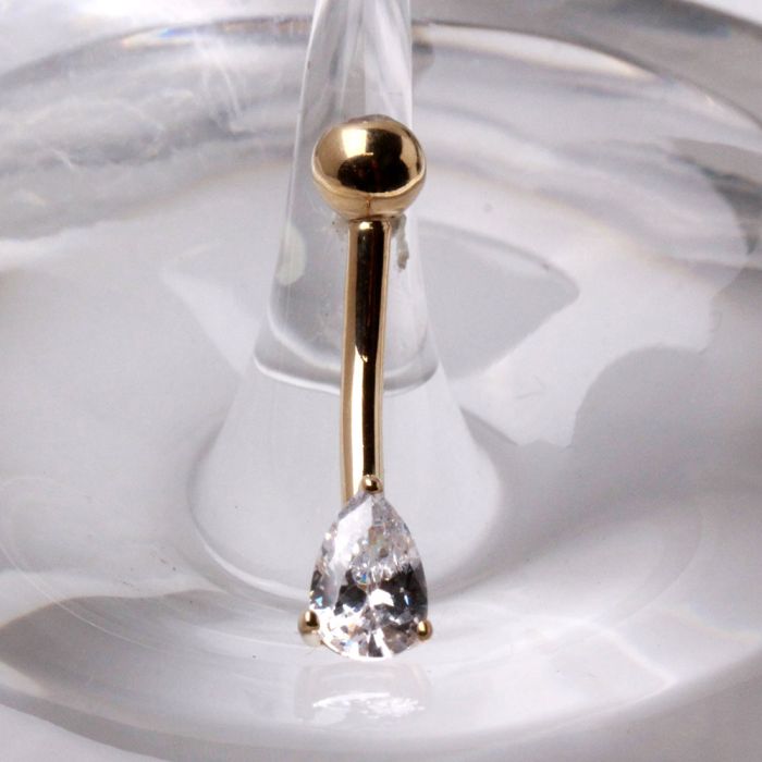 14Kt Yellow Gold Belly Bar Navel Ring with Tear Drop Gem