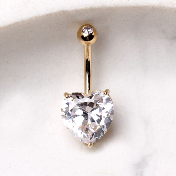 14Kt Yellow Gold Belly Bar Navel Ring Large Clear Heart Prong Set