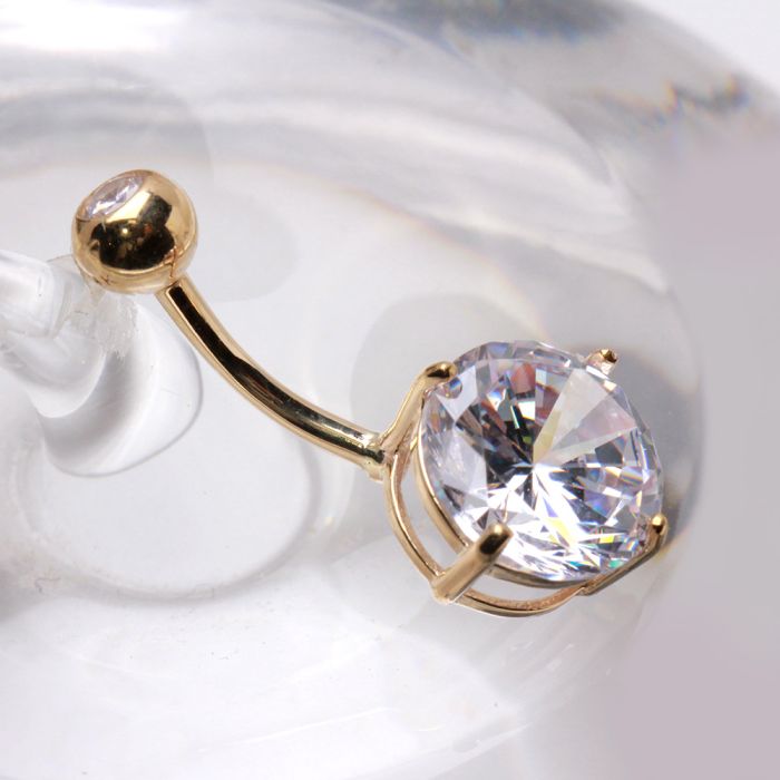 14Kt Yellow Gold Navel Belly Bar Ring with Large Clear Round Prong Set
