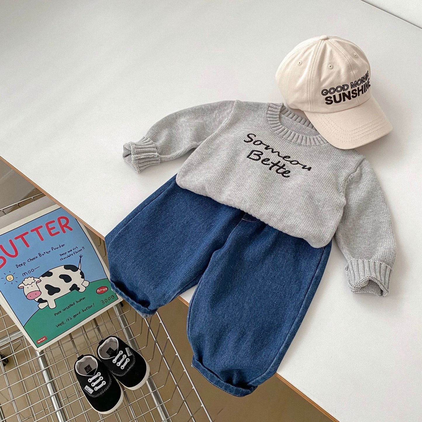 Baby Kids Embroidery Pattern Knitted Crew Neck Gift Set