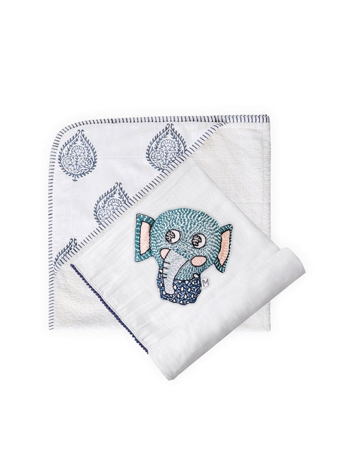 3 Piece Newborn Essential Set - Hooded Towel, Swaddle + Toy Rattle
