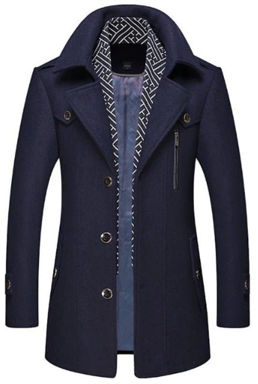 Men's Layered Collar Button-Front Mid-Length Coat