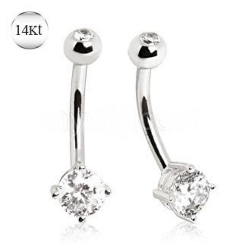 14Kt White Gold Navel Belly Bar Ring with Prong Set