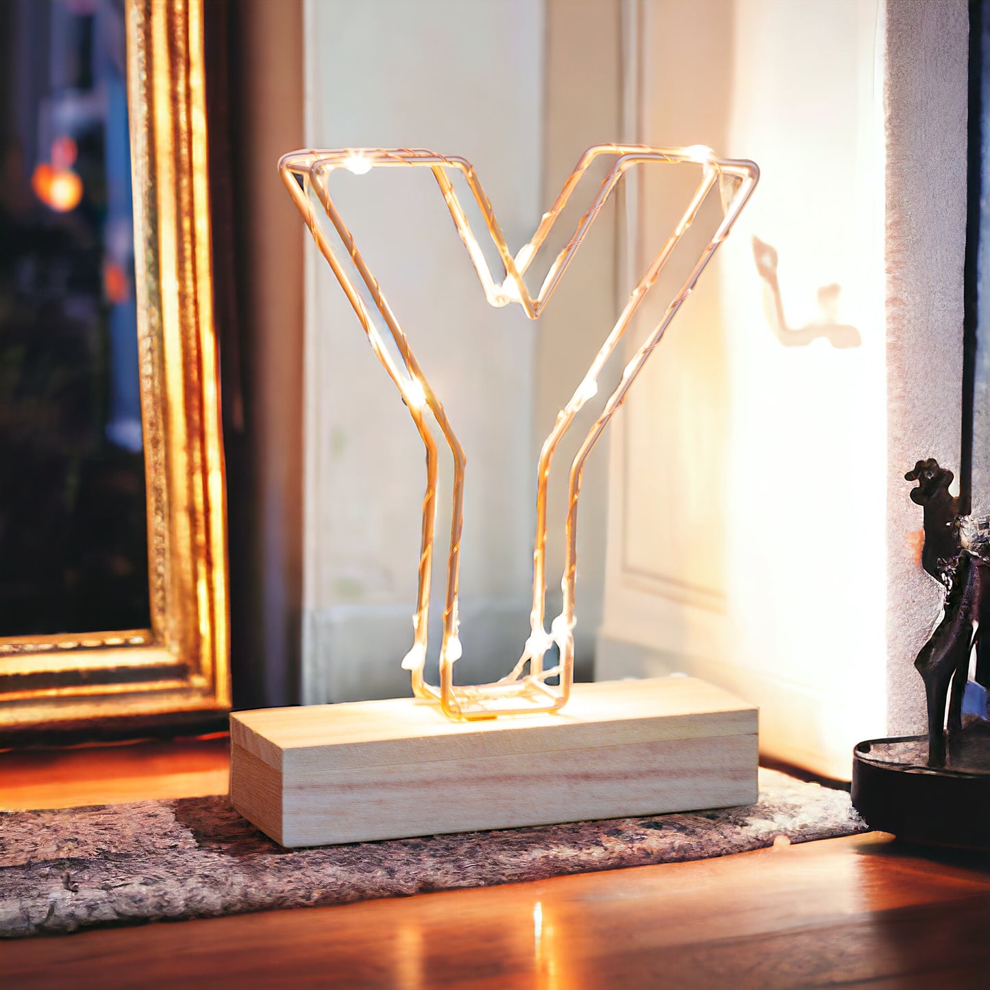 Single Illuminated Copper Rose Gold Wire Frame Letter Y LED Light