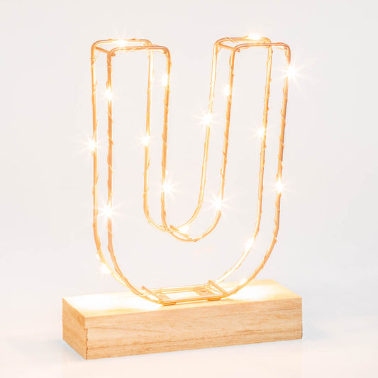 Single Illuminated Copper Rose Gold Wire Frame Letter U LED Light