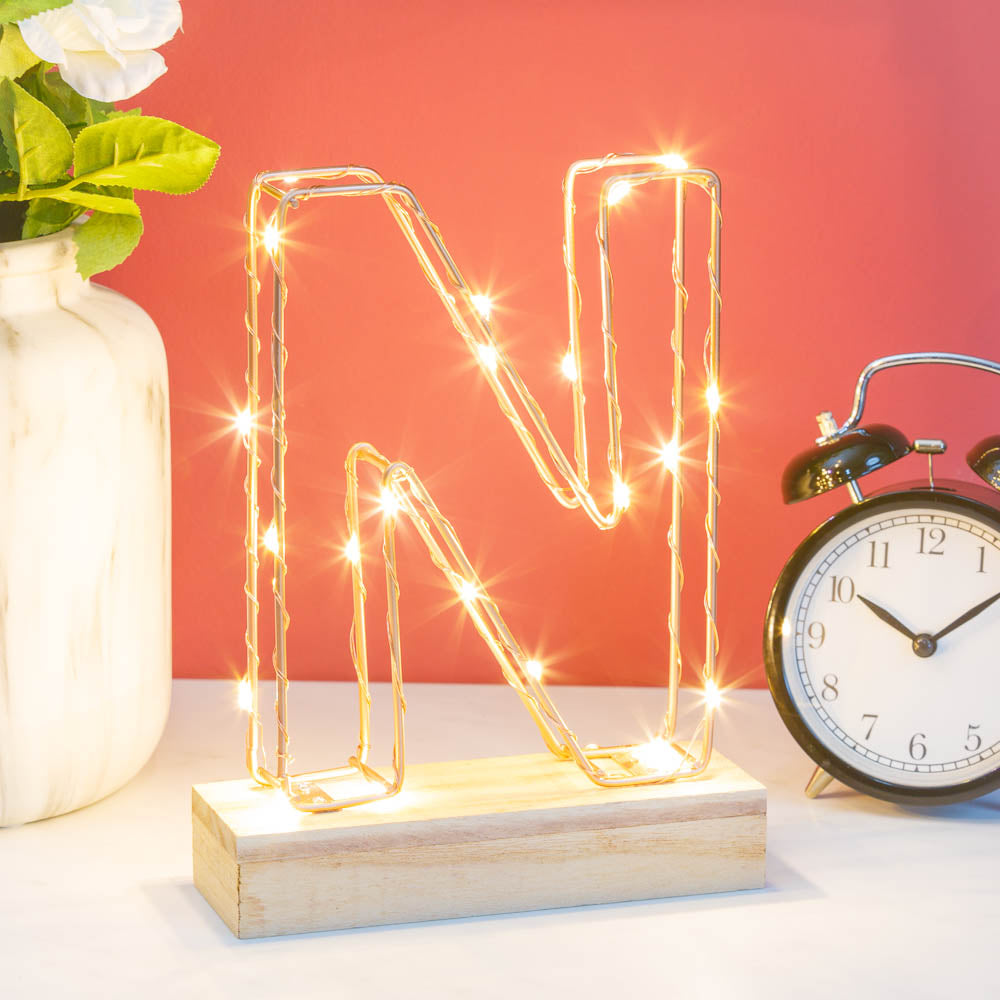 Single Illuminated Copper Rose Gold Wire Frame Letter N LED Light