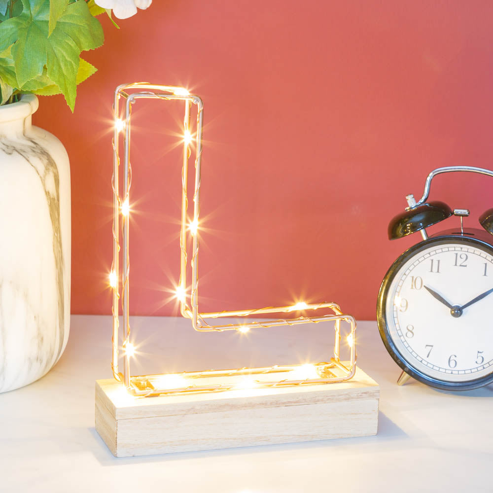 Single Illuminated Copper Rose Gold Wire Frame Letter L LED Light