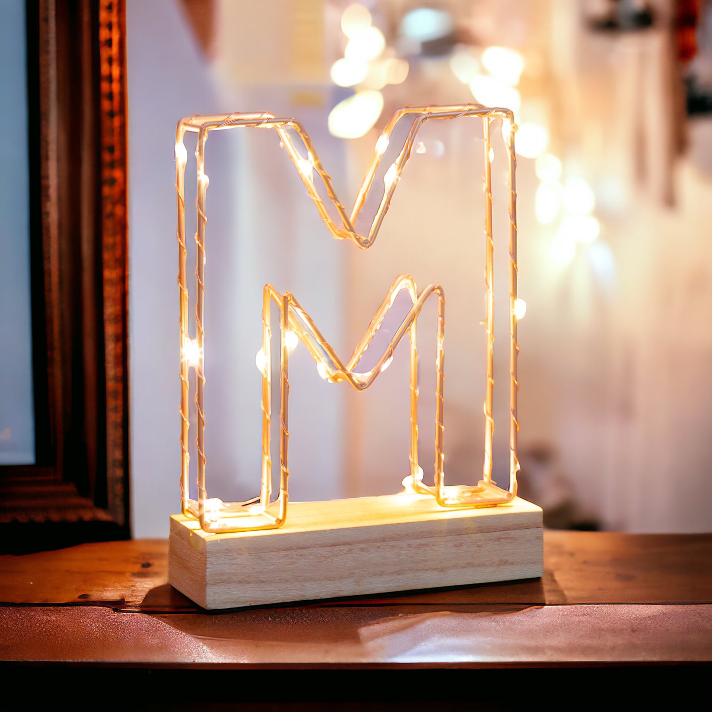 Single Illuminated Copper Rose Gold Wire Frame Letter M LED Light