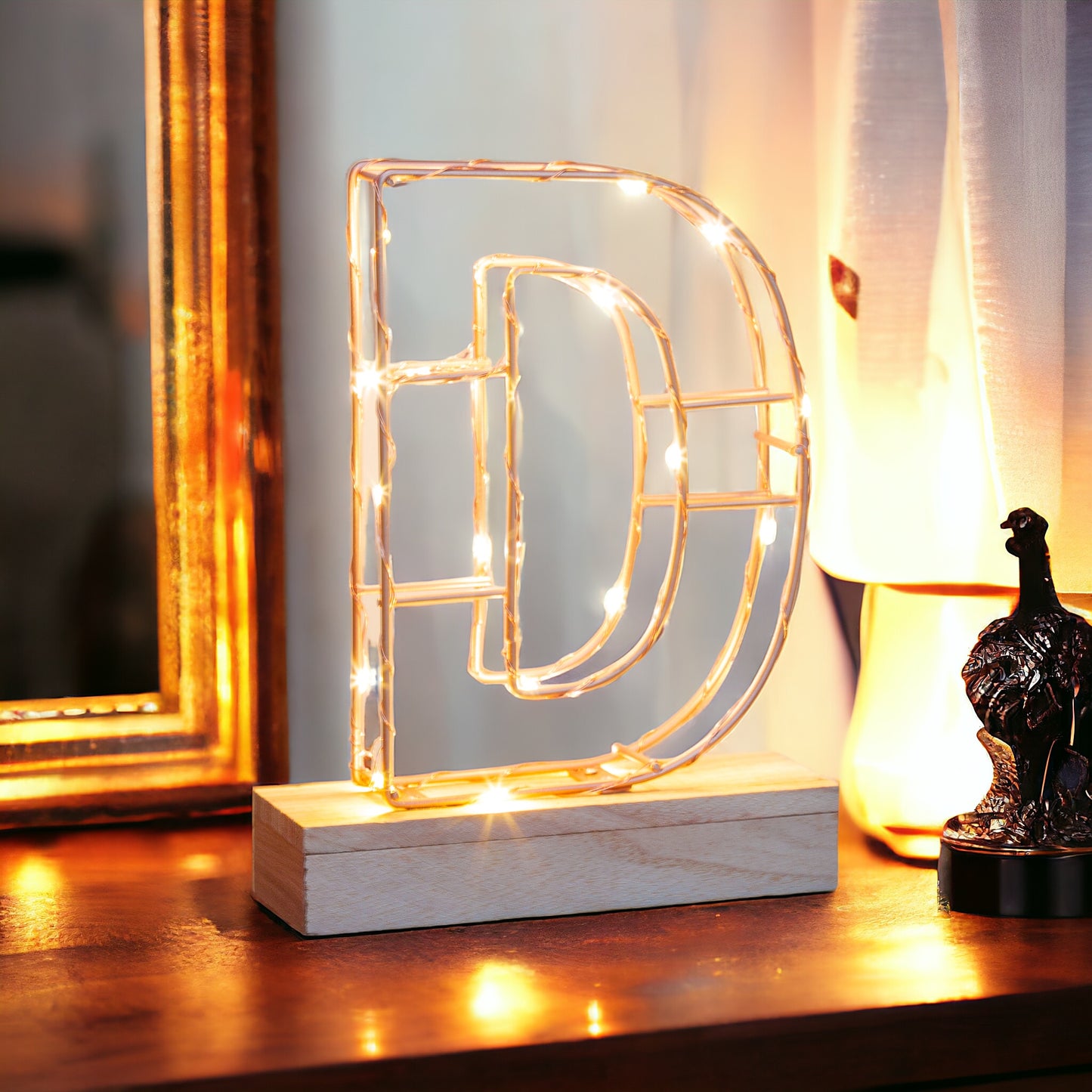 Single Illuminated Copper Rose Gold Wire Frame Letter D LED Light