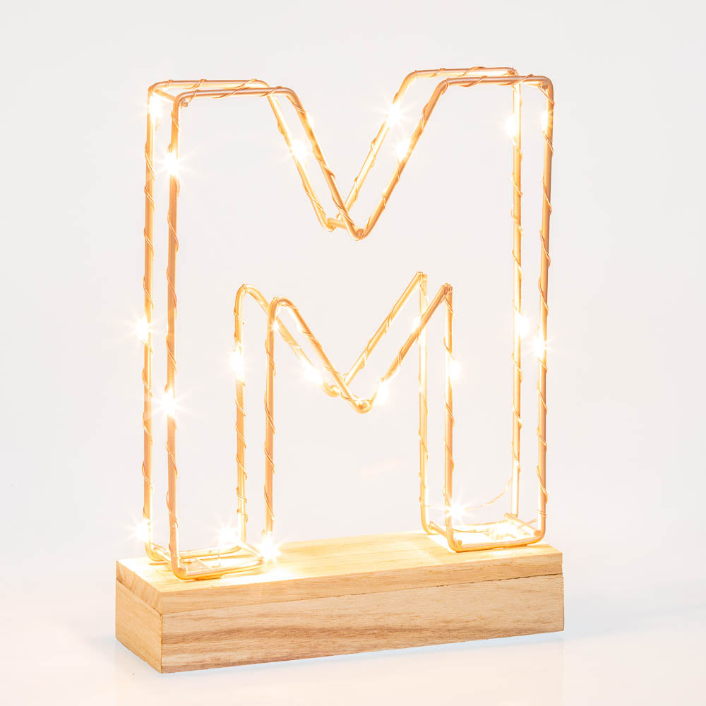 Single Illuminated Copper Rose Gold Wire Frame Letter M LED Light