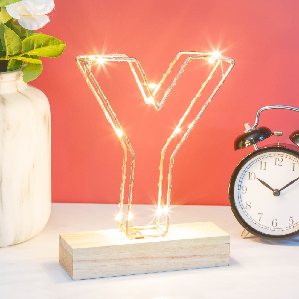 Single Illuminated Copper Rose Gold Wire Frame Letter Y LED Light