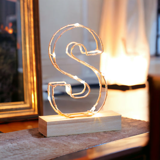 Single Illuminated Copper Rose Gold Wire Frame Letter S LED Light