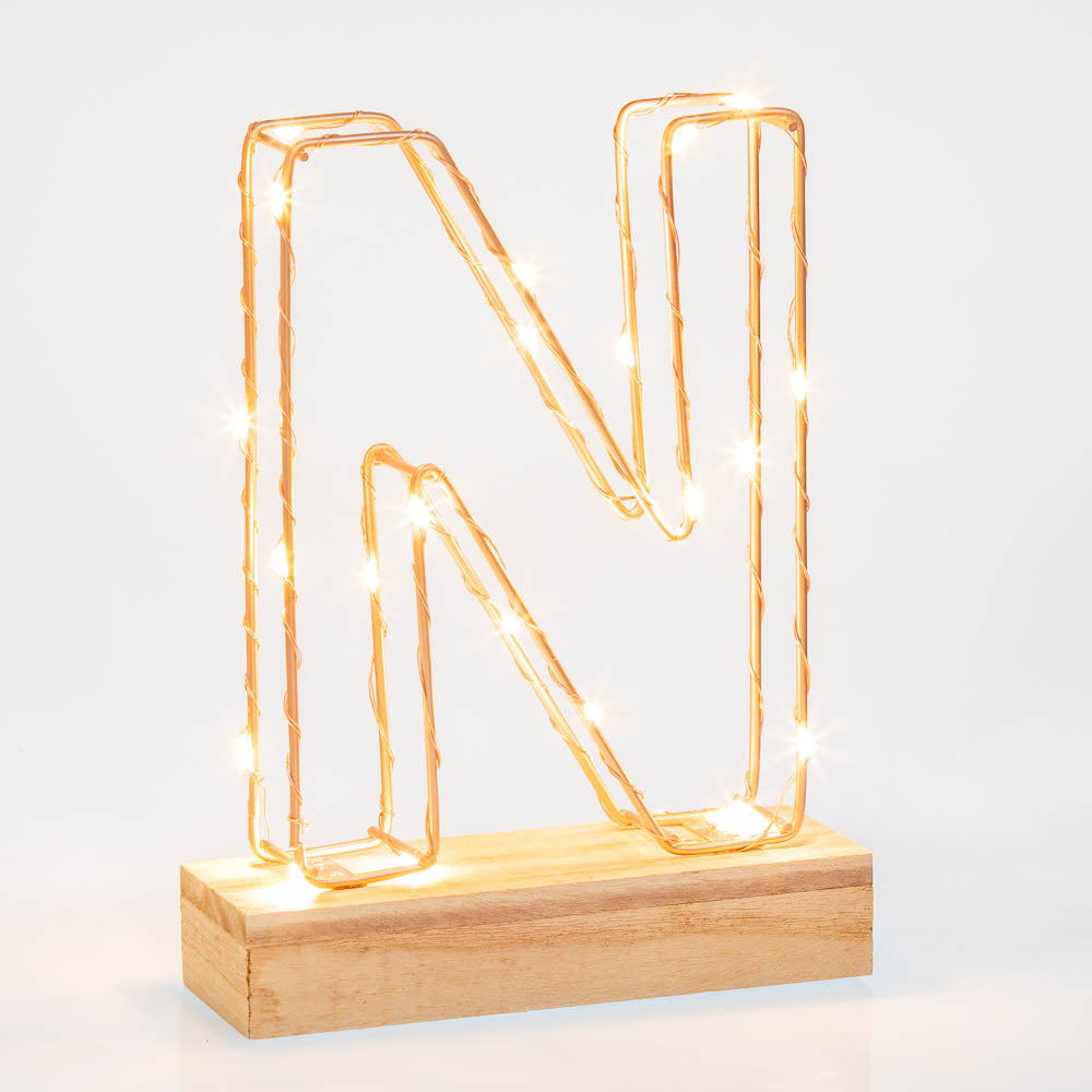 Single Illuminated Copper Rose Gold Wire Frame Letter N LED Light