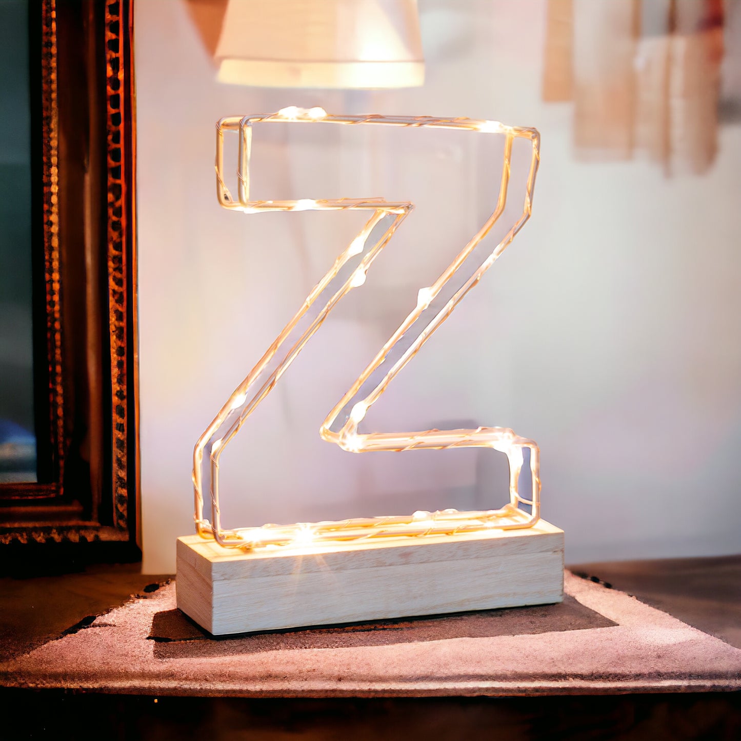 Single Illuminated Copper Rose Gold Wire Frame Letter Z LED Light