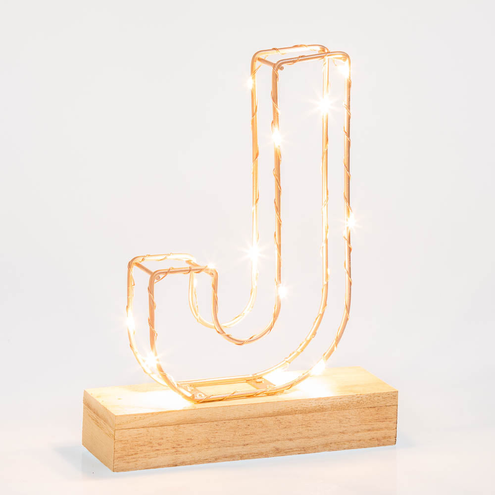 Single Illuminated Copper Rose Gold Wire Frame Letter J LED Light