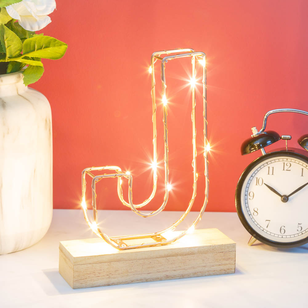 Single Illuminated Copper Rose Gold Wire Frame Letter J LED Light