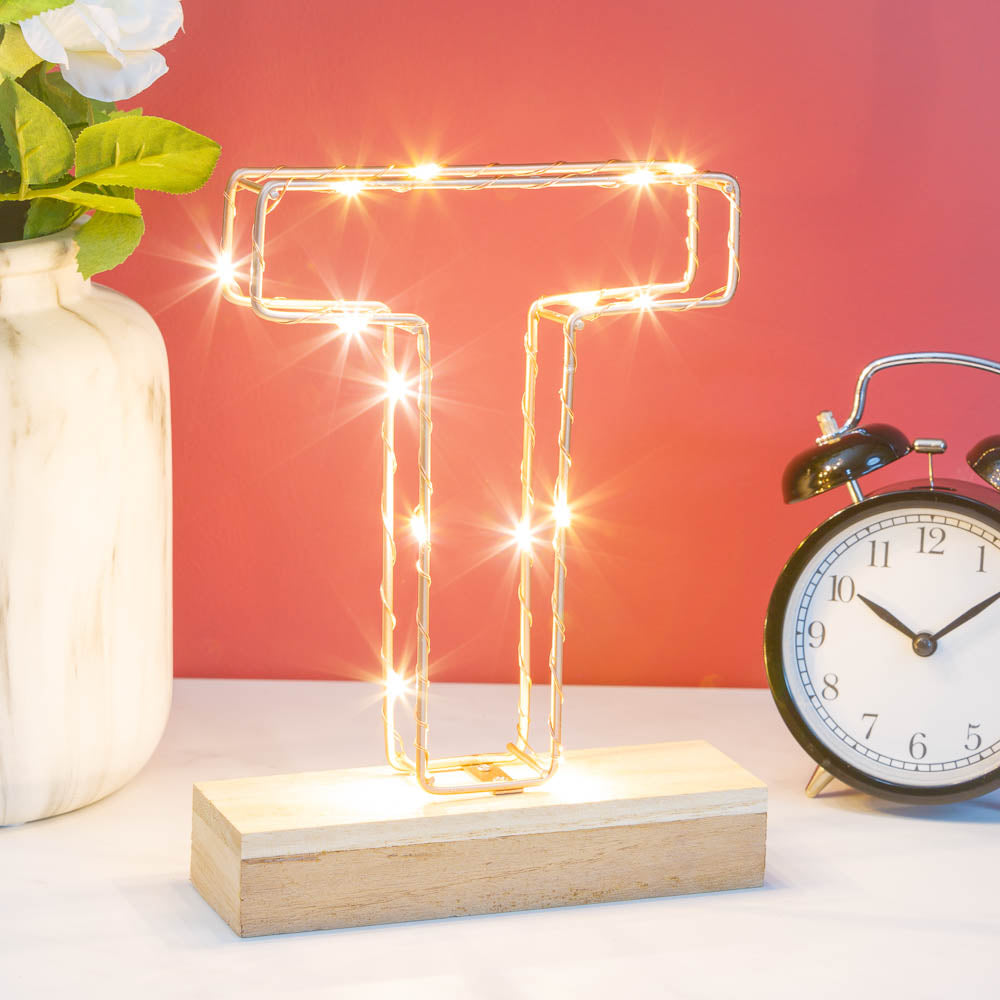 Single Illuminated Copper Rose Gold Wire Frame Letter T LED Light