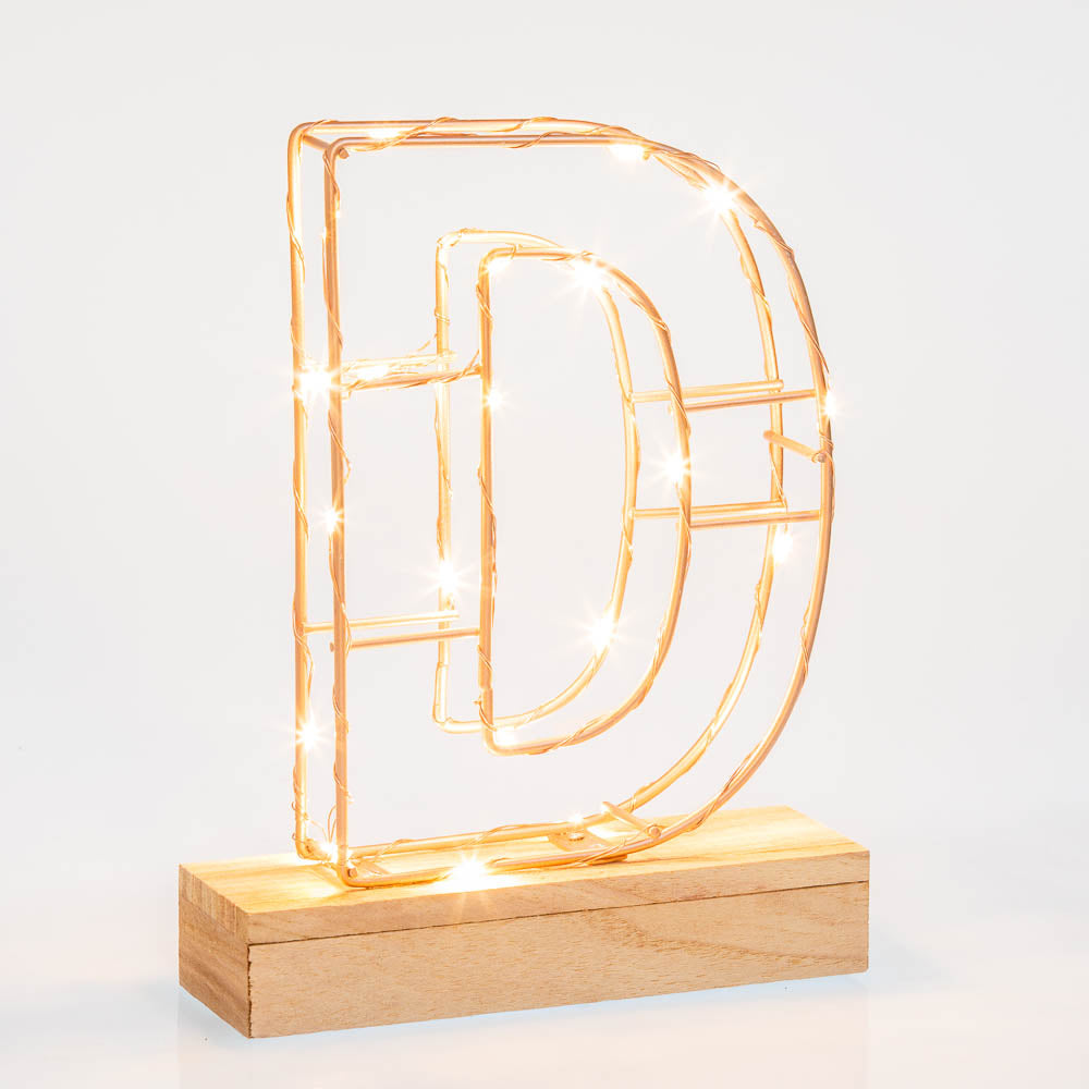 Single Illuminated Copper Rose Gold Wire Frame Letter D LED Light