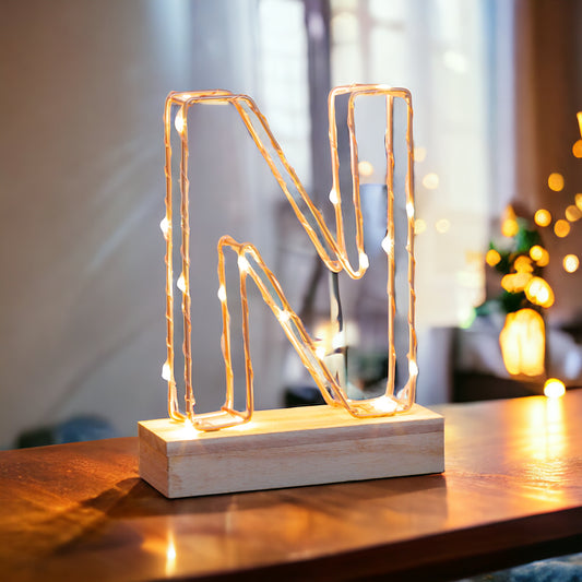 Single Illuminated Copper Rose Gold Wire Frame Letter N LED Light