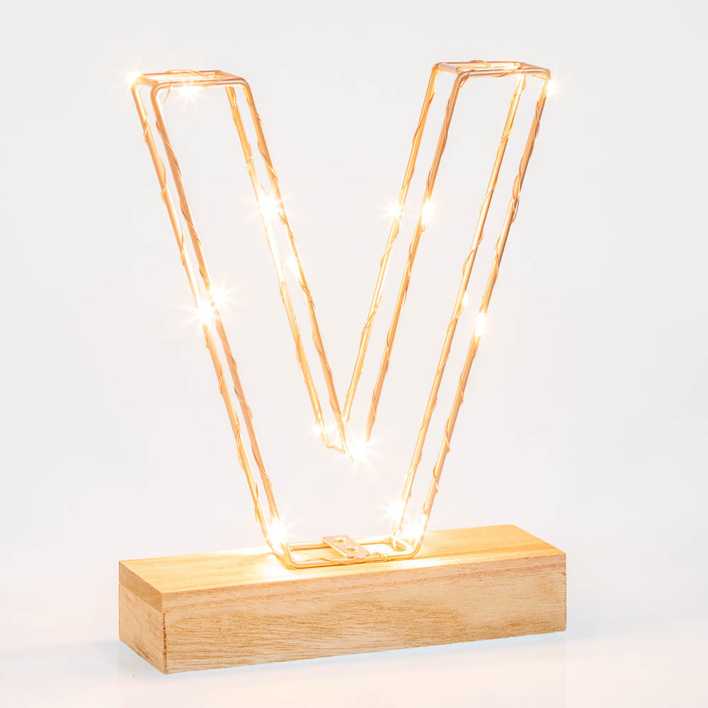 Single Illuminated Copper Rose Gold Wire Frame Letter V LED Light