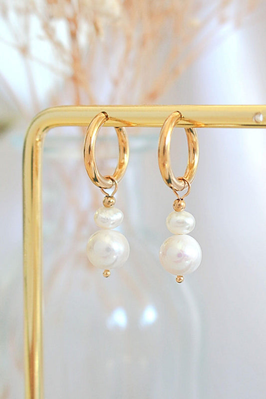 24K Freshwater Pearls Baroque Dangle Hoops Earrings