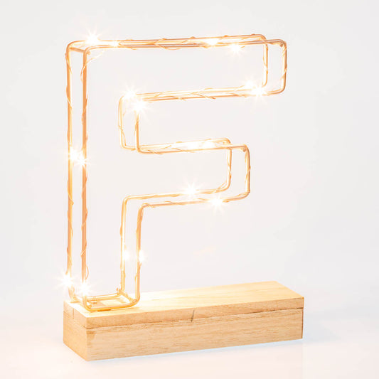 Single Illuminated Copper Rose Gold Wire Frame Letter F LED Light