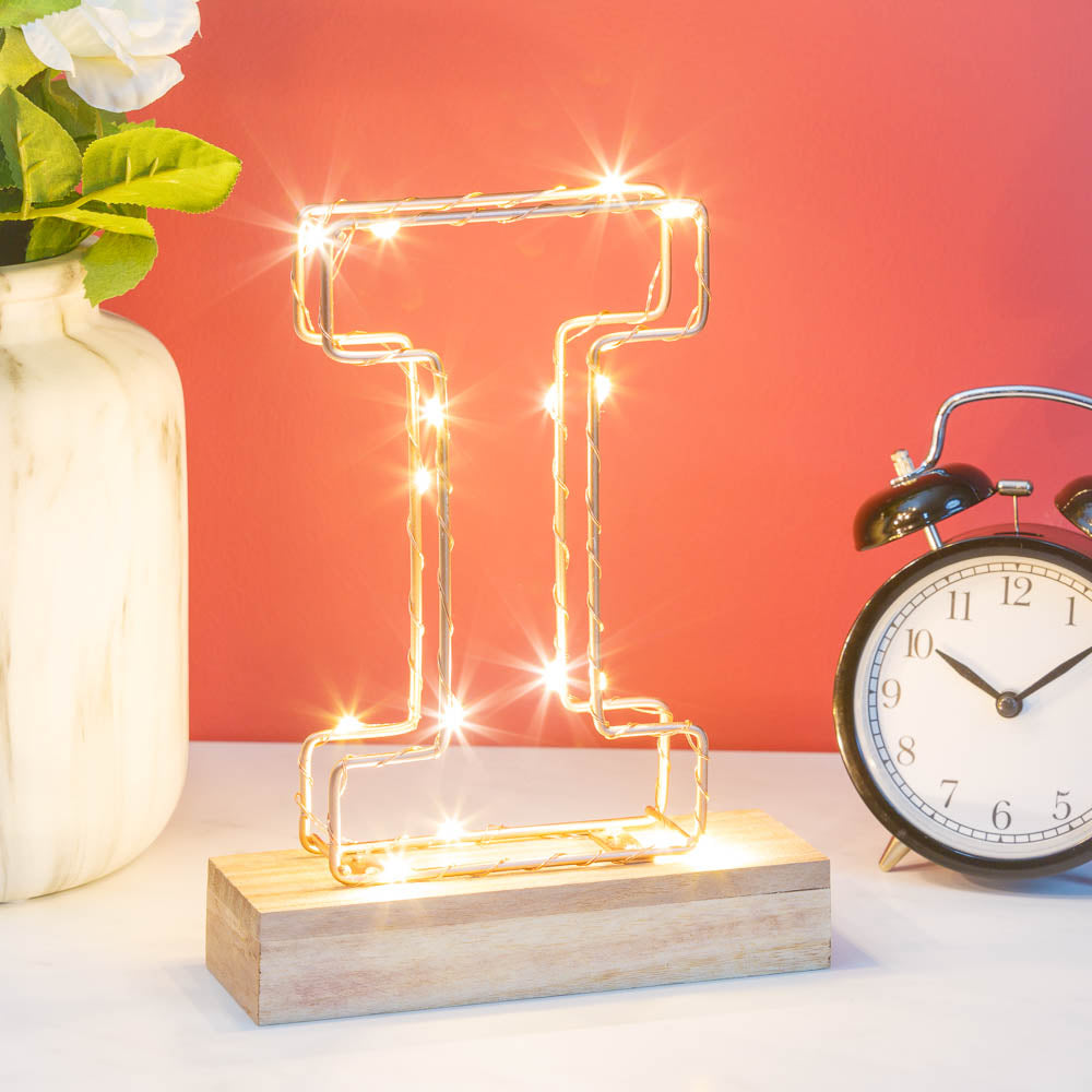 Single Illuminated Copper Rose Gold Wire Frame Letter I LED Light