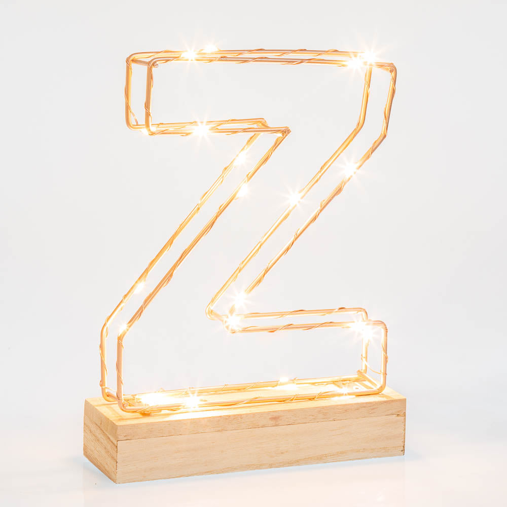 Single Illuminated Copper Rose Gold Wire Frame Letter Z LED Light