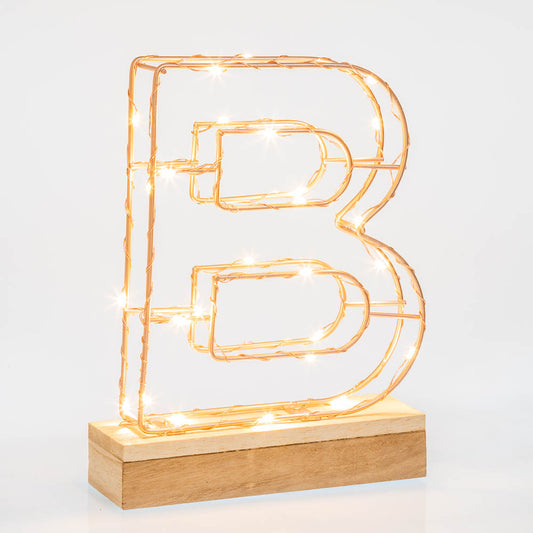 Single Illuminated Copper Rose Gold Wire Frame Letter B LED Light