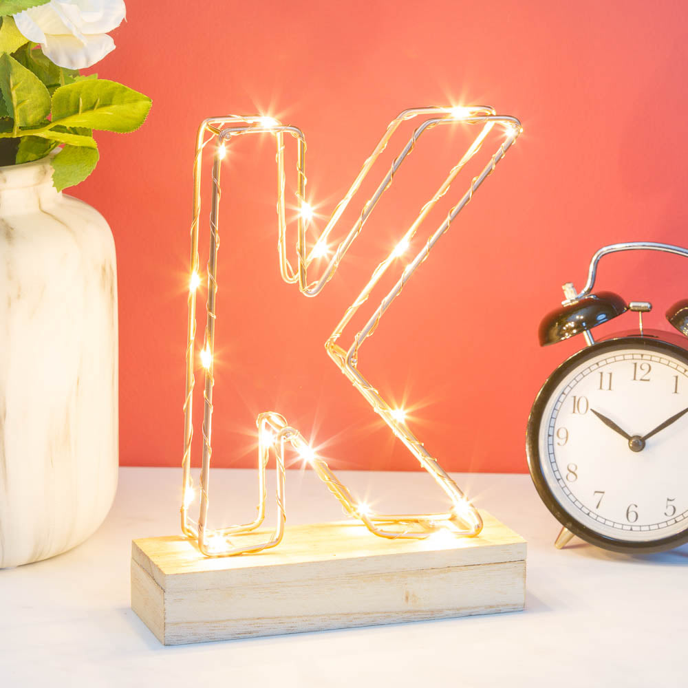 Single Illuminated Copper Rose Gold Wire Frame Letter K LED Light