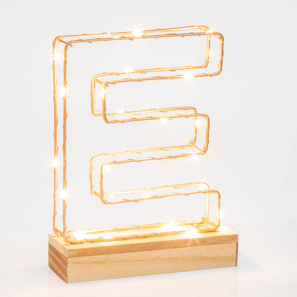 Single Illuminated Copper Rose Gold Wire Frame Letter E LED Light