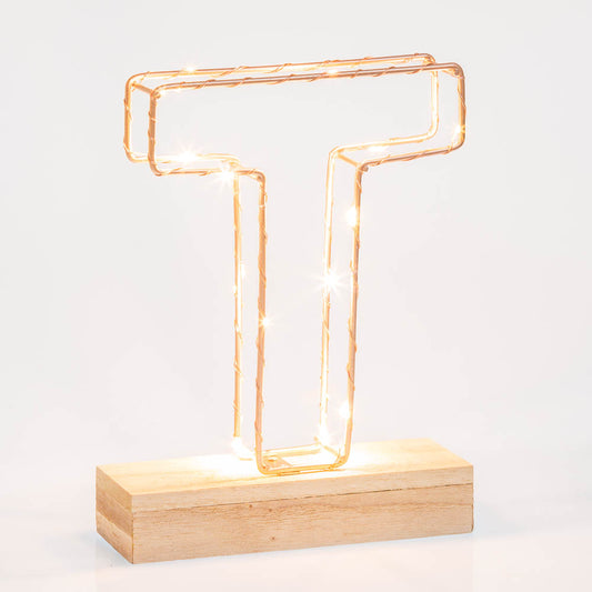 Single Illuminated Copper Rose Gold Wire Frame Letter T LED Light