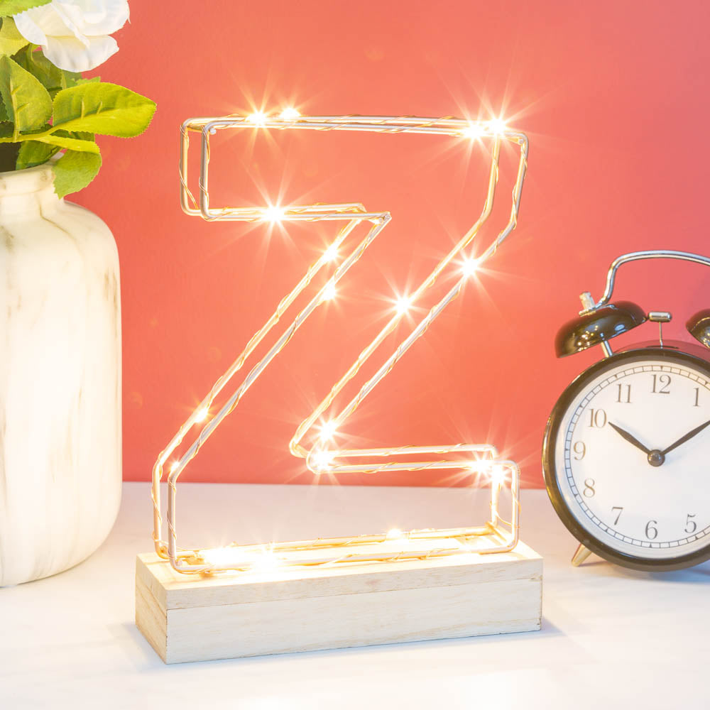 Single Illuminated Copper Rose Gold Wire Frame Letter Z LED Light