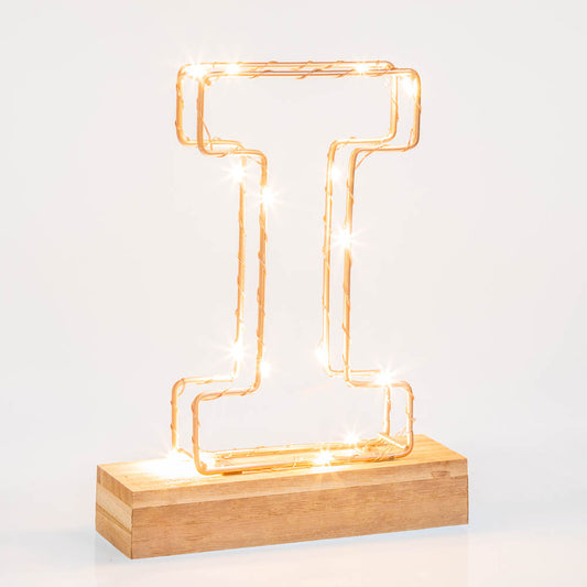 Single Illuminated Copper Rose Gold Wire Frame Letter I LED Light