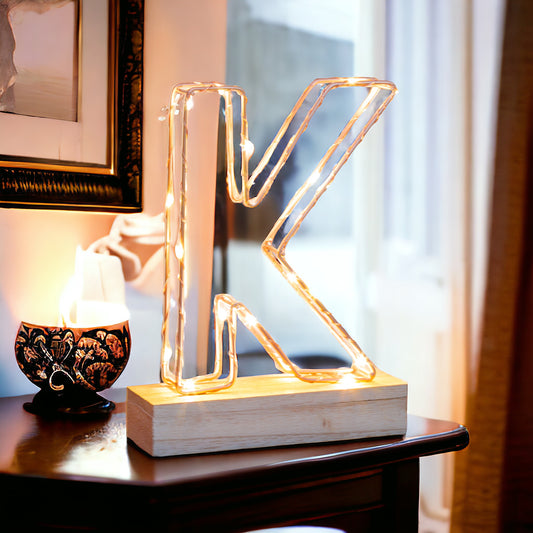 Single Illuminated Copper Rose Gold Wire Frame Letter K LED Light