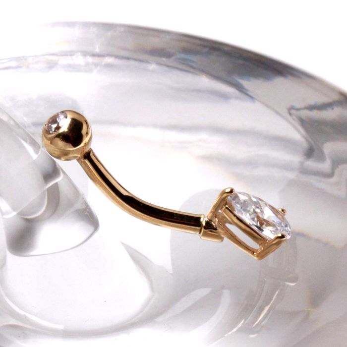 14Kt Yellow Gold Belly Bar Navel Ring with Tear Drop Gem