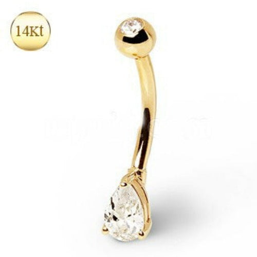 14Kt Yellow Gold Belly Bar Navel Ring with Tear Drop Gem