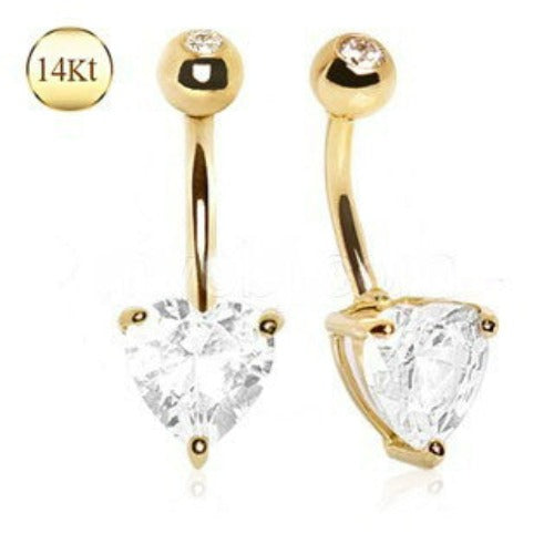 14Kt Yellow Gold Belly Bar Navel Ring Large Clear Heart Prong Set