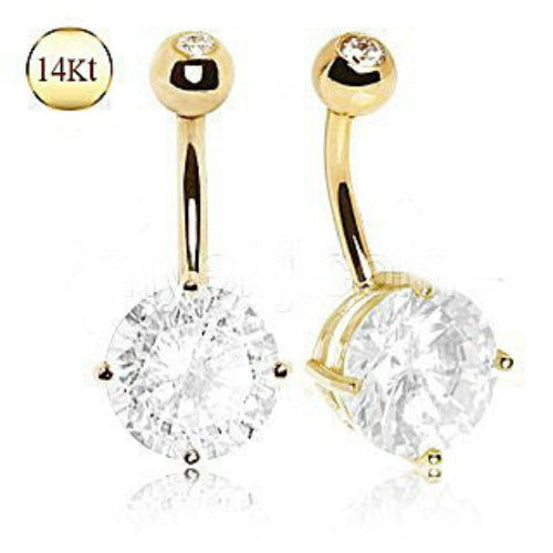 14Kt Yellow Gold Navel Belly Bar Ring with Large Clear Round Prong Set